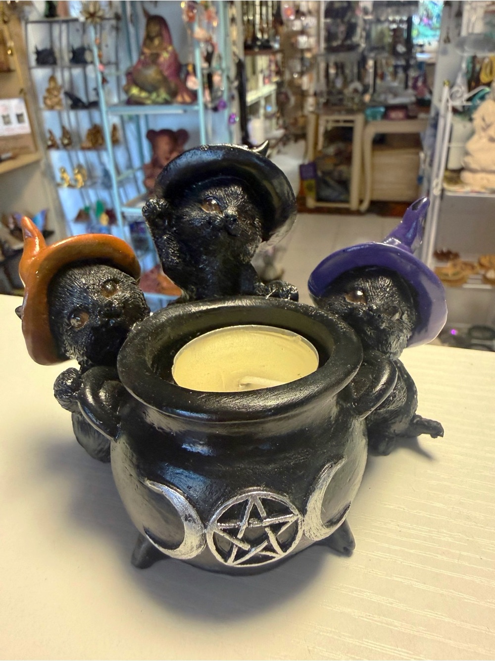 Black Witch Cat Trio Cauldron Candle Holder - Decorative Home Accent
